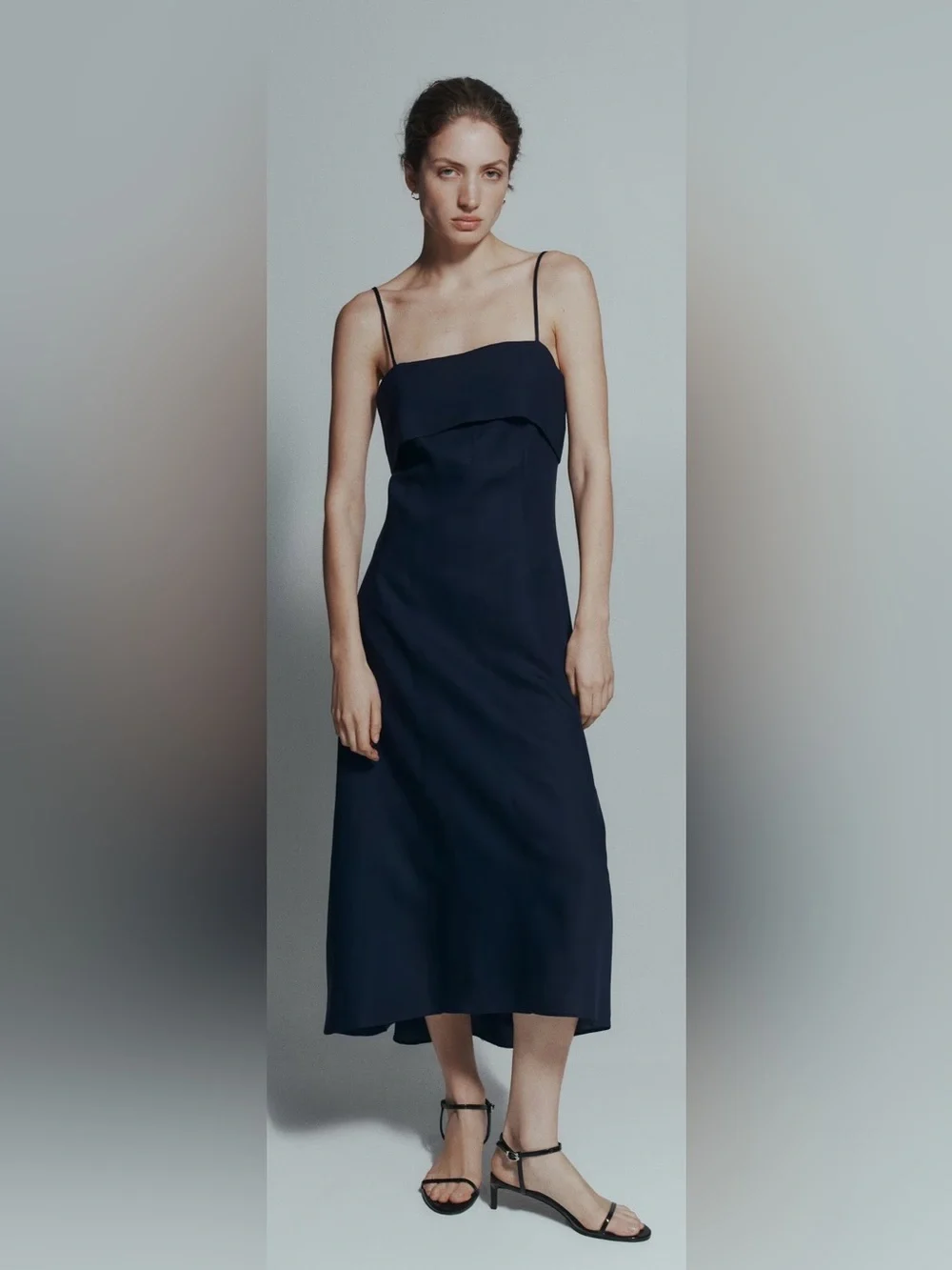 Linen Navy Spaghetti-Strap Midi Dress